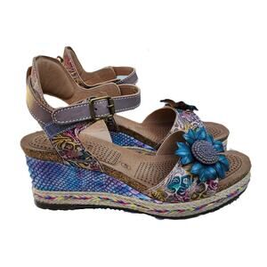 L'Artiste Spring Step Annmarie Embossed Ankle Strap Wedge Sandals